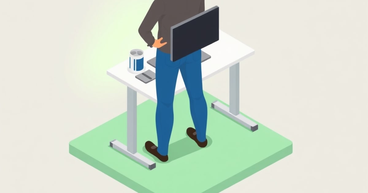 Isometric vector illustration of standing-desk ergonomics and sit-stand health tradeoffs